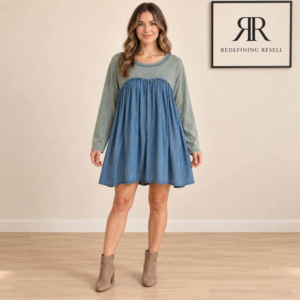 Heyson Womens Mineral Wash Mixed Media Babydoll Mini Dress Blue Green ED5278 M